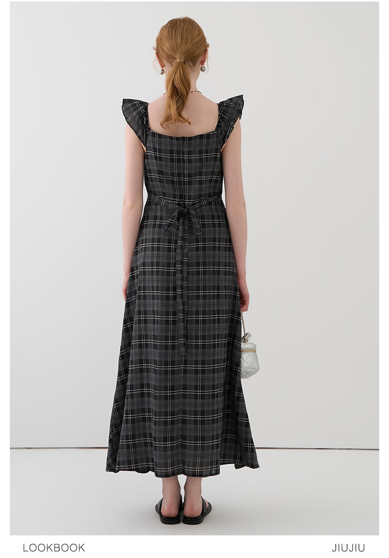 Flutter Collar Plaid Dress With Back Tie Detail