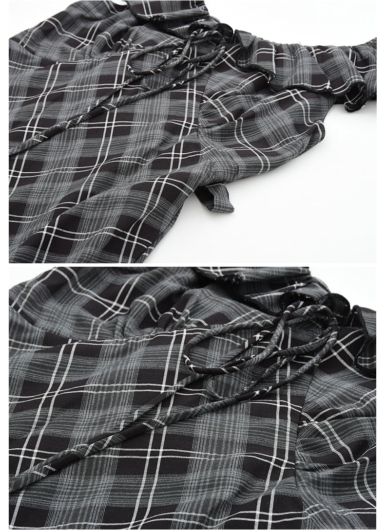 Flutter Collar Plaid Dress With Back Tie Detail