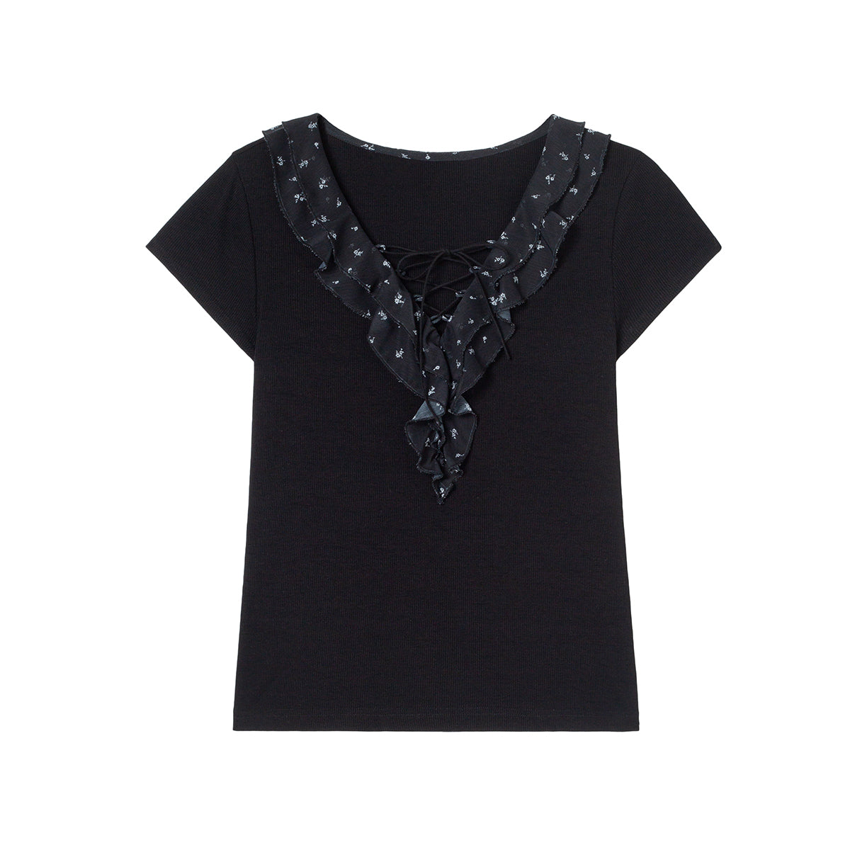 Lace-Up Ruffle Collar Short-Sleeve Top