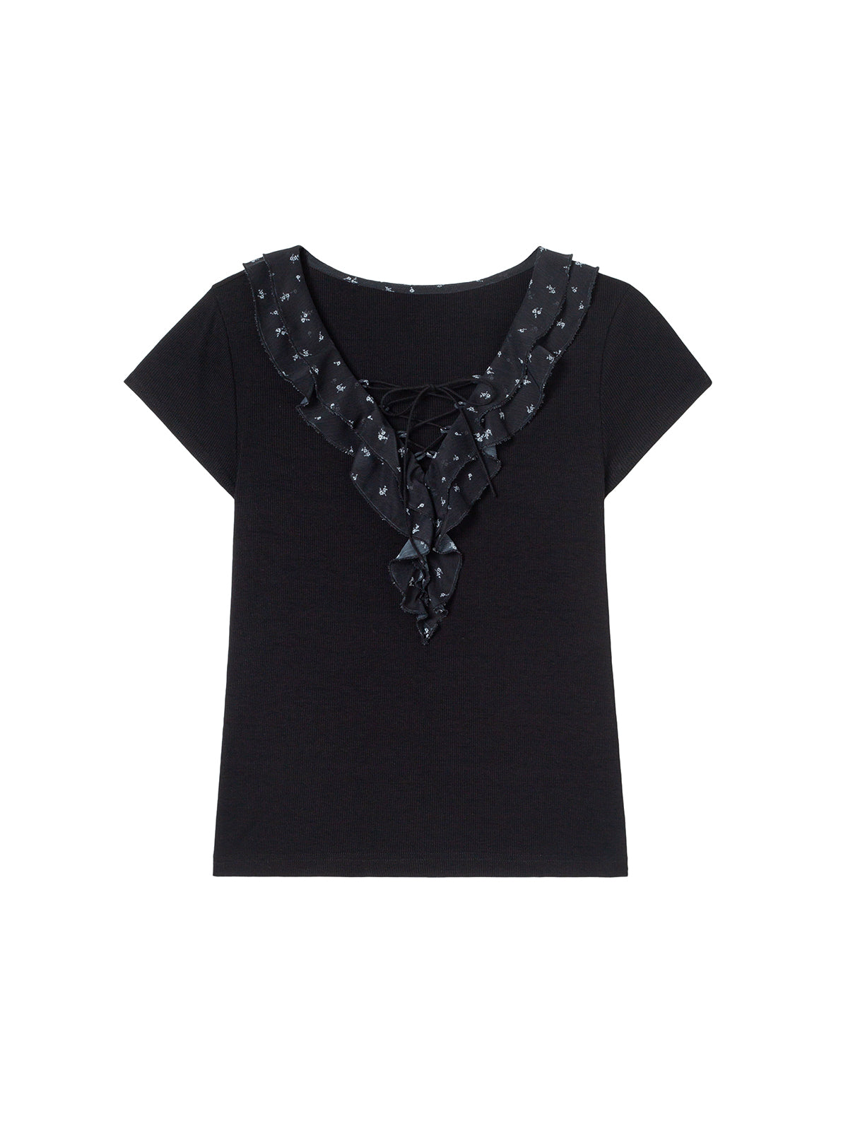 Lace-Up Ruffle Collar Short-Sleeve Top