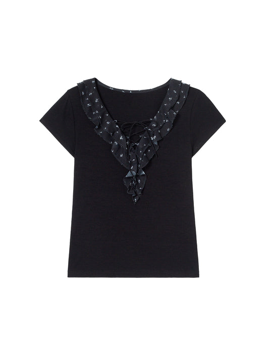 Lace-Up Ruffle Collar Short-Sleeve Top