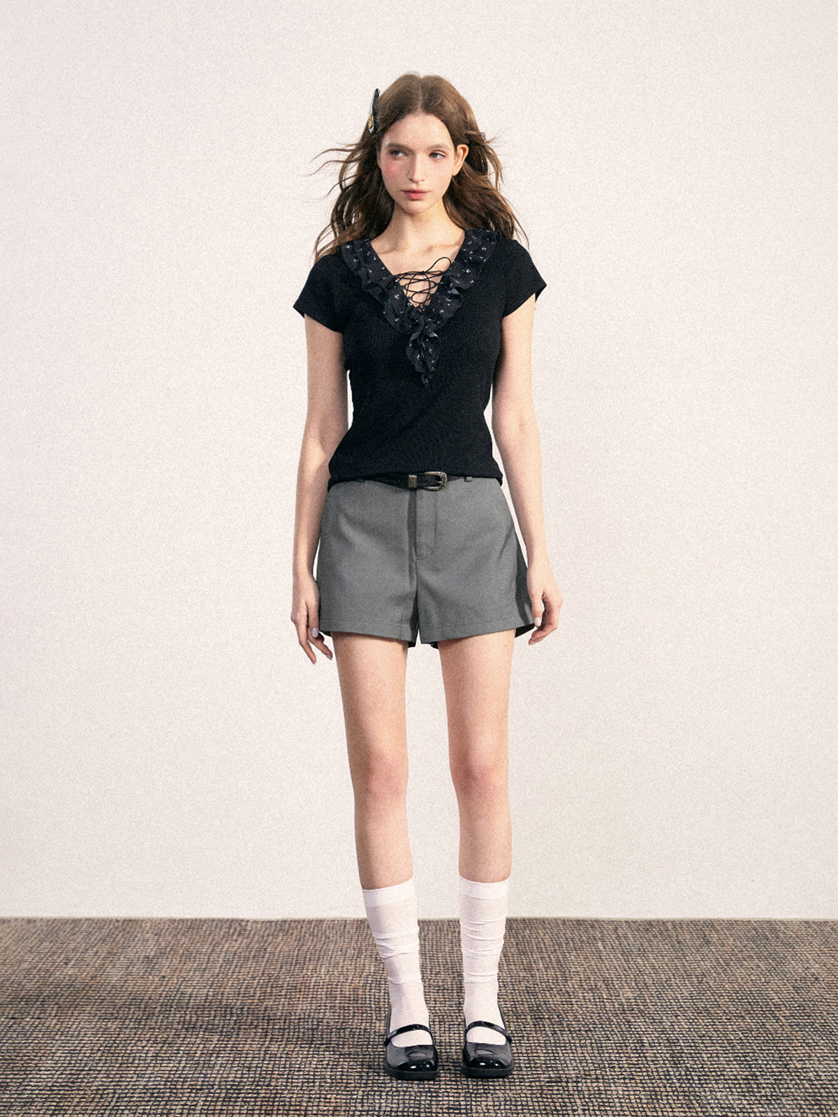 Lace-Up Ruffle Collar Short-Sleeve Top