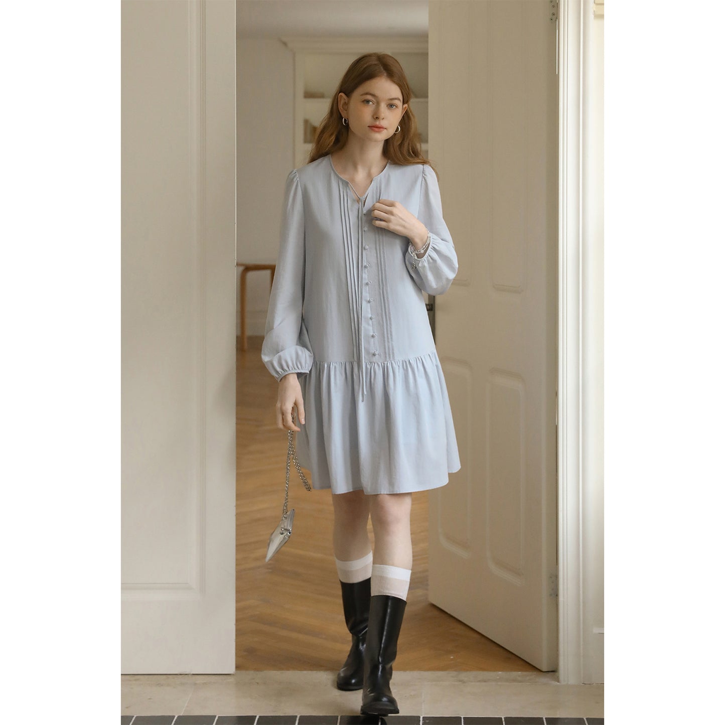 Puff-Sleeve Pintuck Dress With Covered Buttons