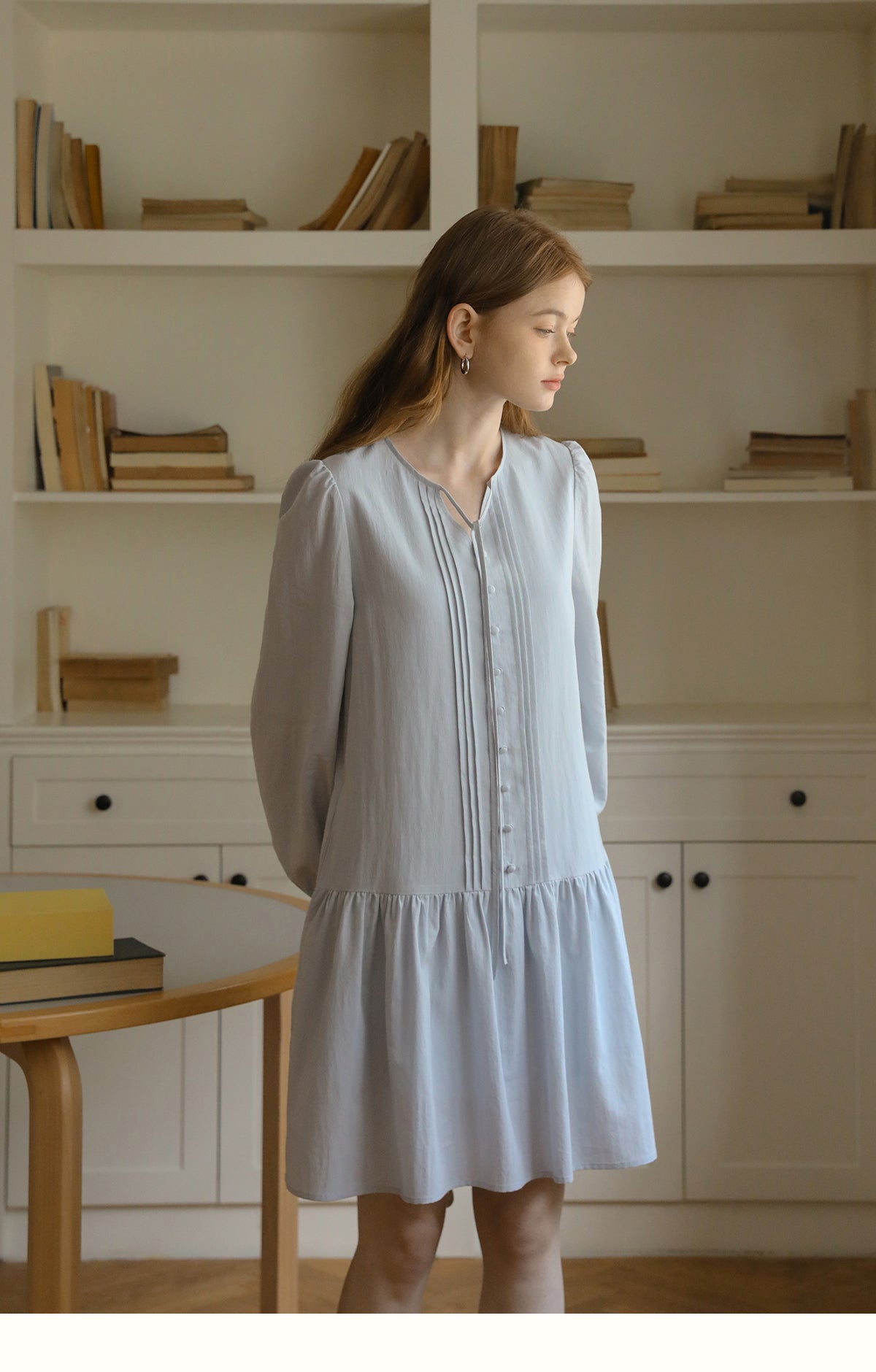 Puff-Sleeve Pintuck Dress With Covered Buttons