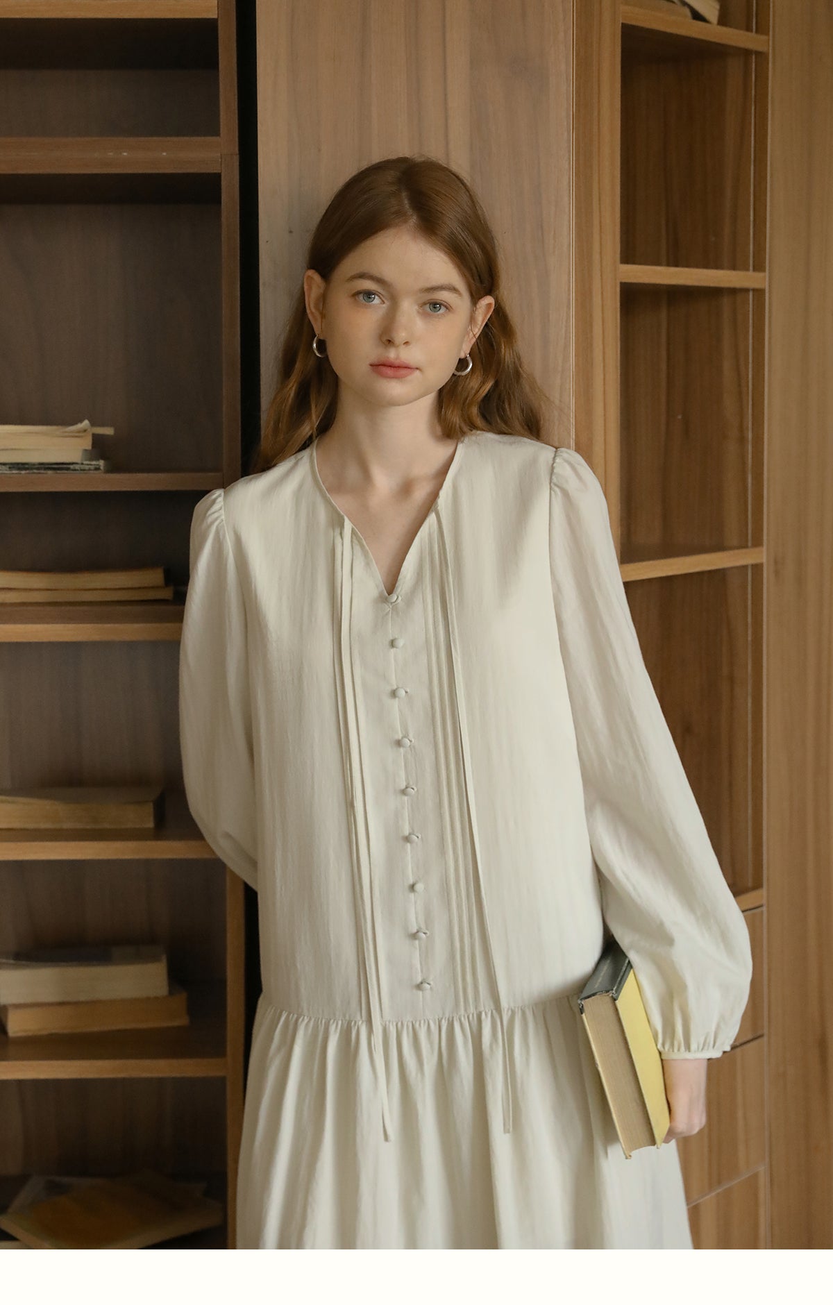 Puff-Sleeve Pintuck Dress With Covered Buttons