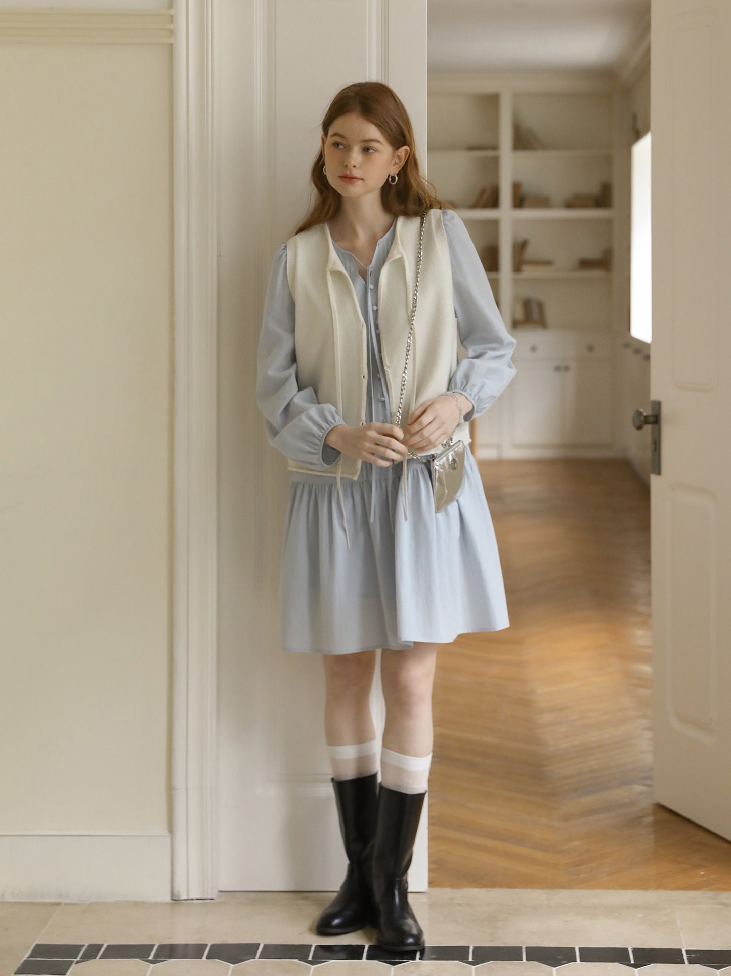 Puff-Sleeve Pintuck Dress With Covered Buttons