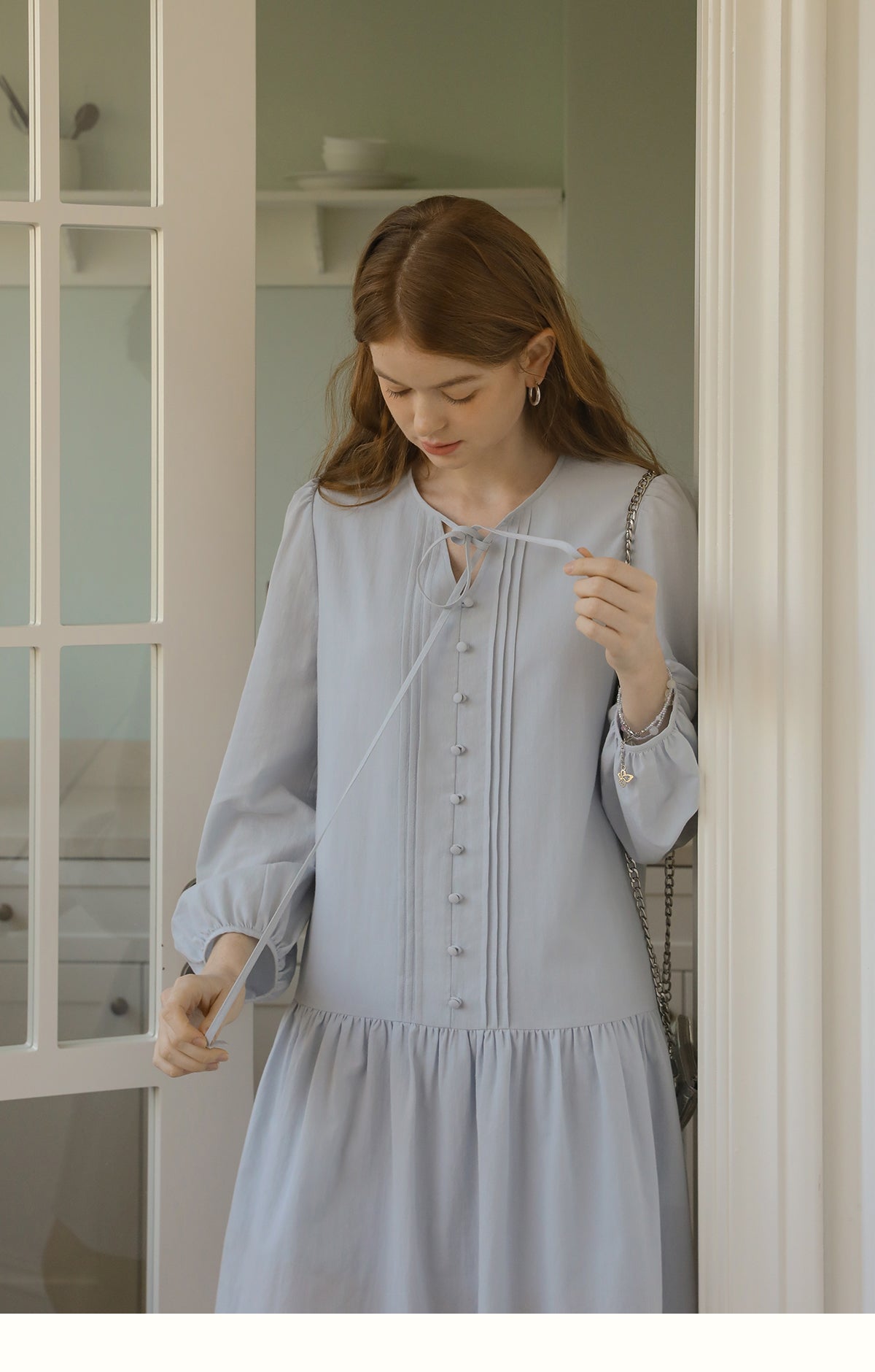 Puff-Sleeve Pintuck Dress With Covered Buttons