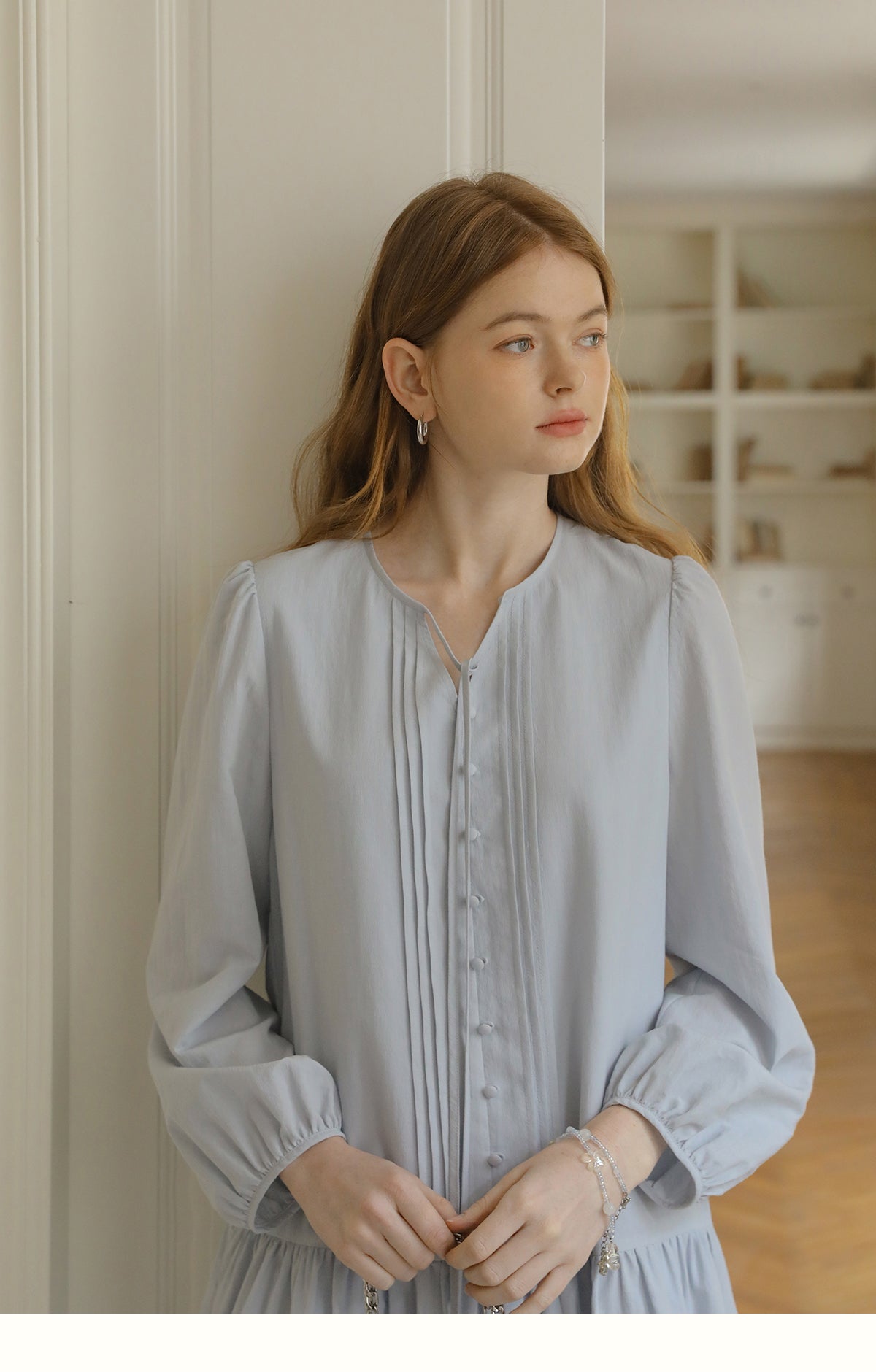 Puff-Sleeve Pintuck Dress With Covered Buttons