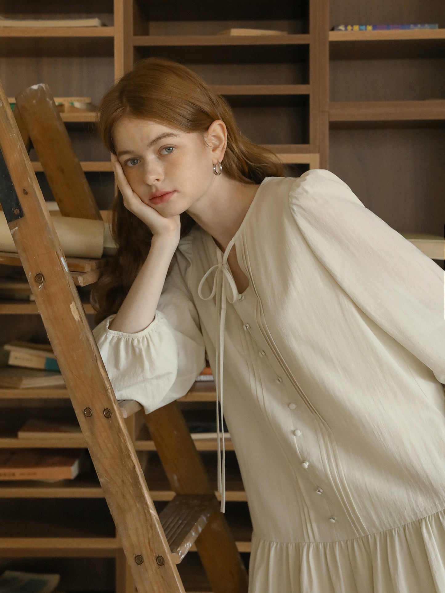 Puff-Sleeve Pintuck Dress With Covered Buttons