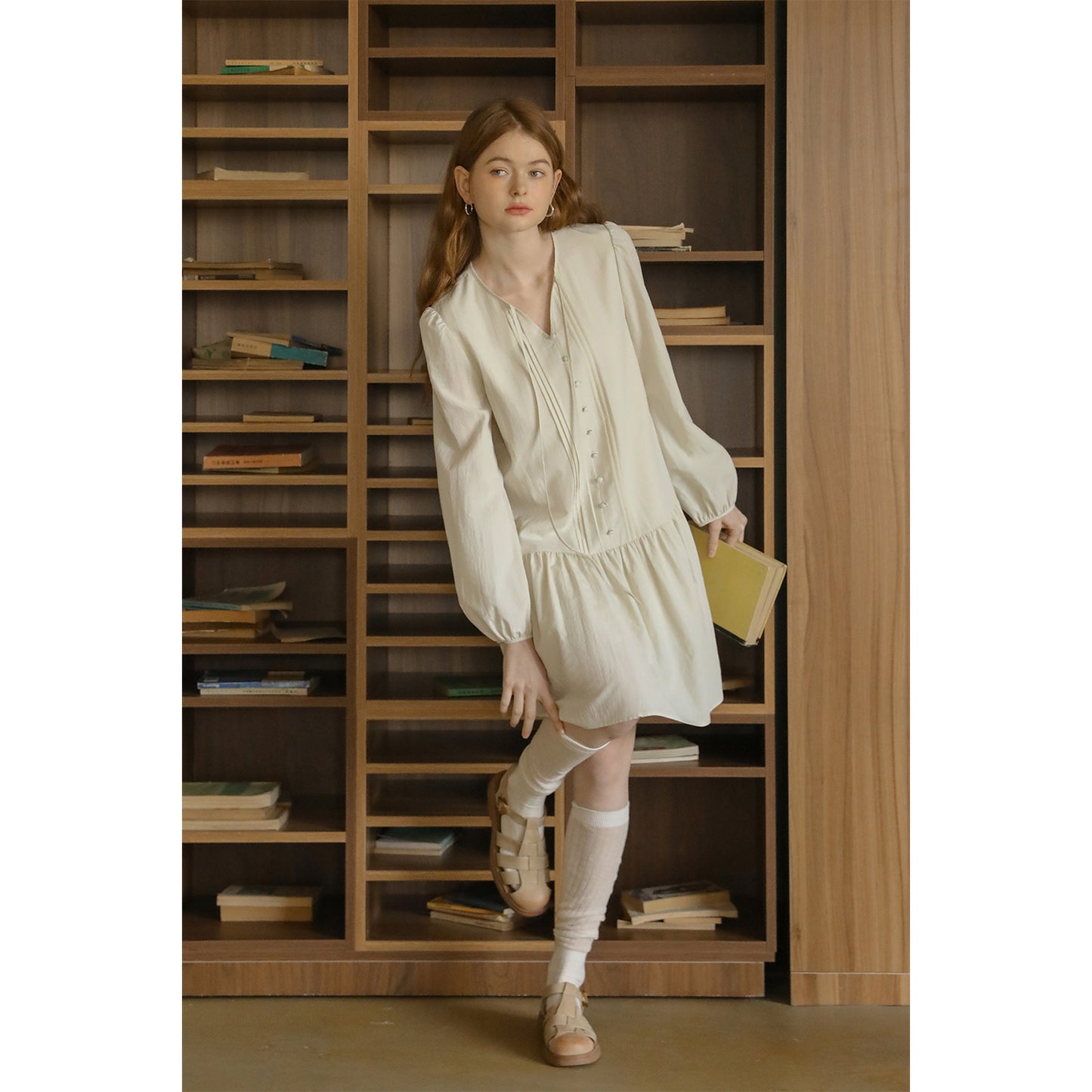 Puff-Sleeve Pintuck Dress With Covered Buttons