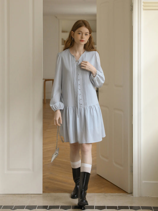 Puff-Sleeve Pintuck Dress With Covered Buttons