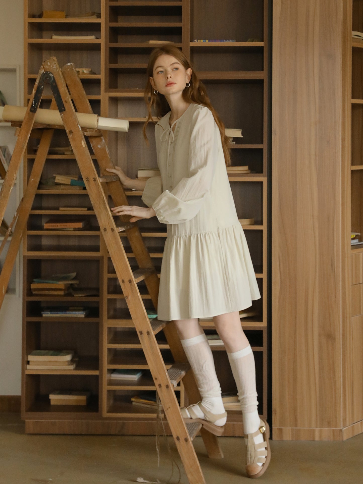 Puff-Sleeve Pintuck Dress With Covered Buttons