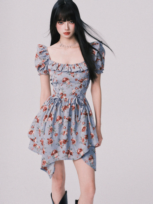 Floral Asymmetrical Dress With Lace-Up Detail