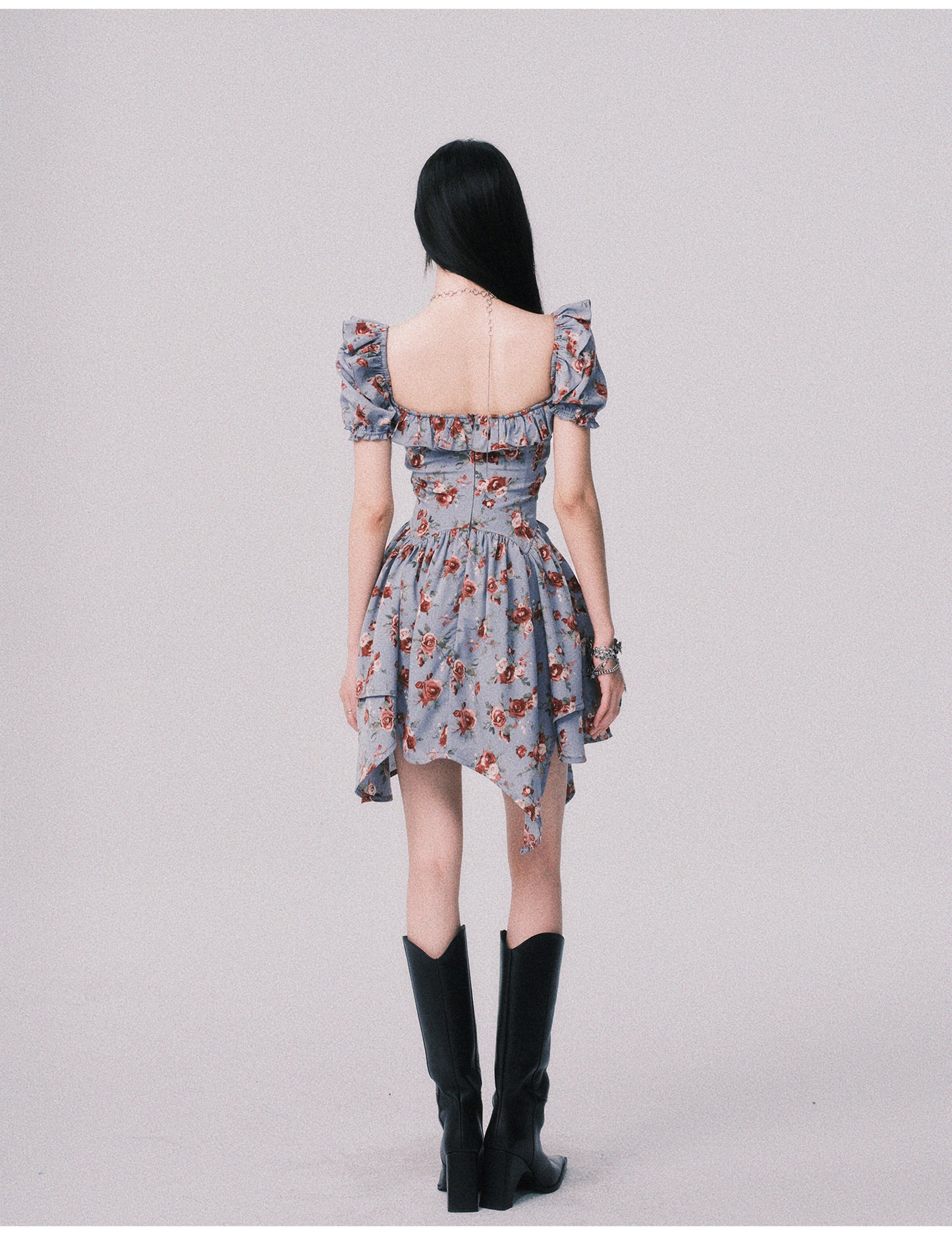 Floral Asymmetrical Dress With Lace-Up Detail