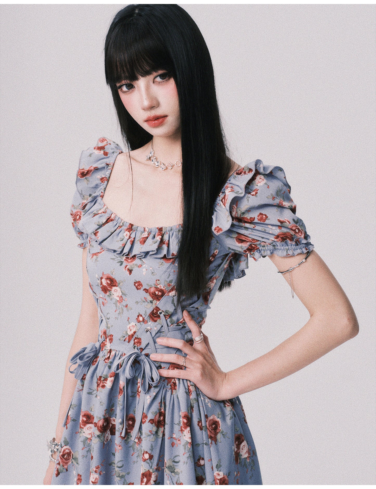 Floral Asymmetrical Dress With Lace-Up Detail
