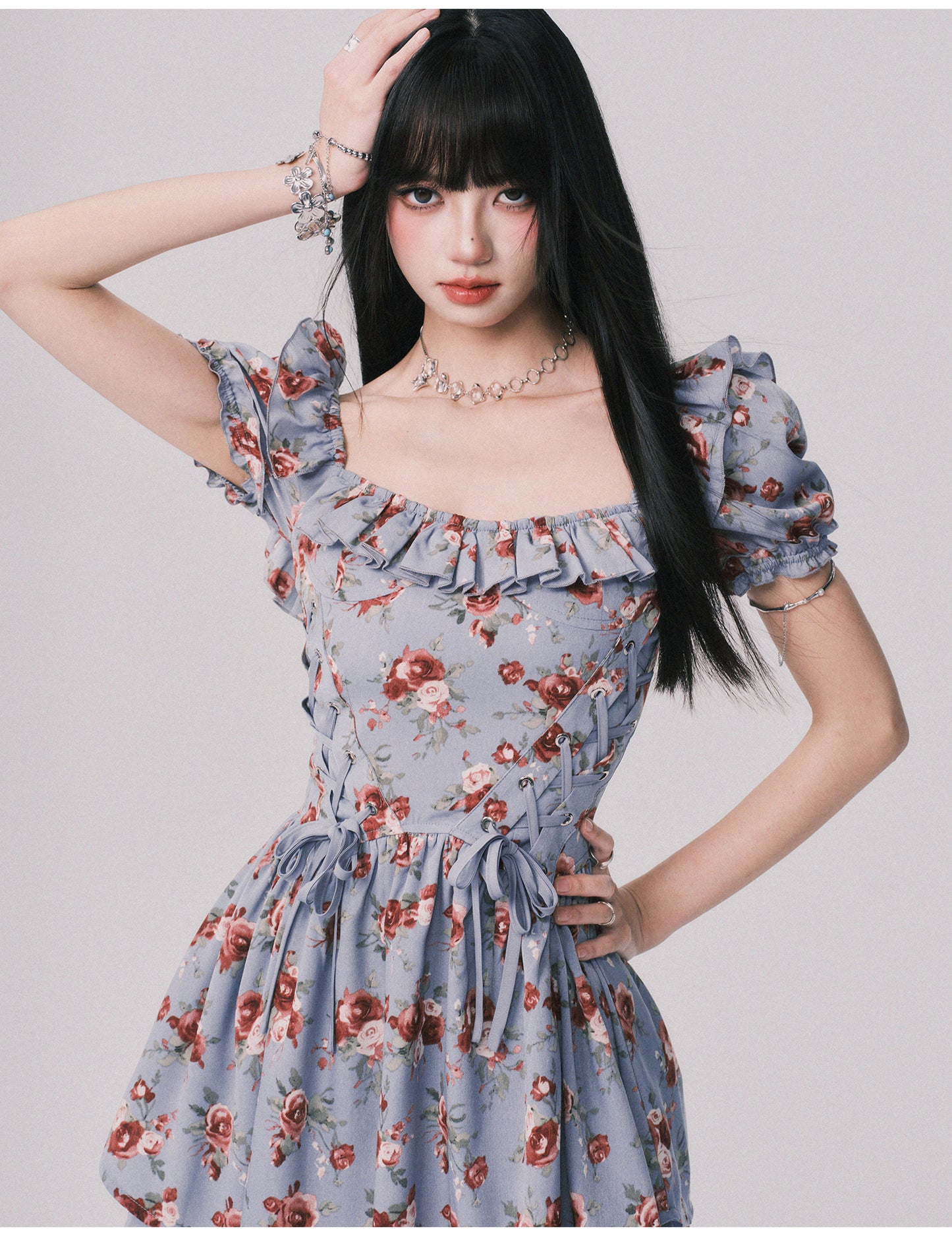 Floral Asymmetrical Dress With Lace-Up Detail