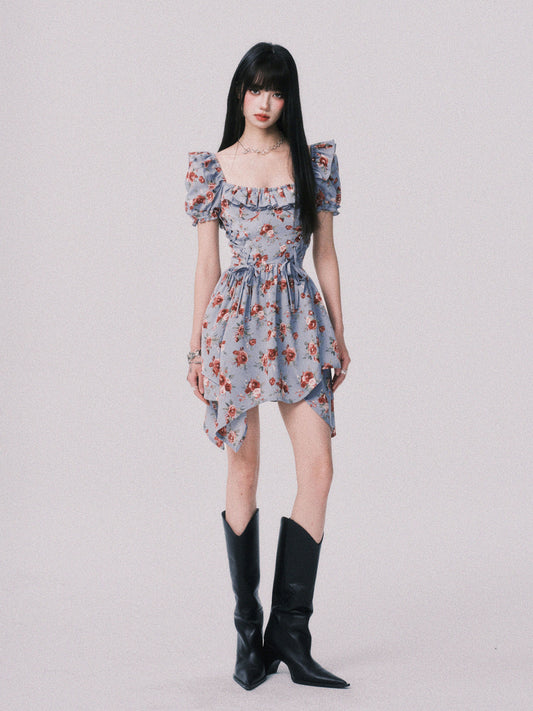 Floral Asymmetrical Dress With Lace-Up Detail