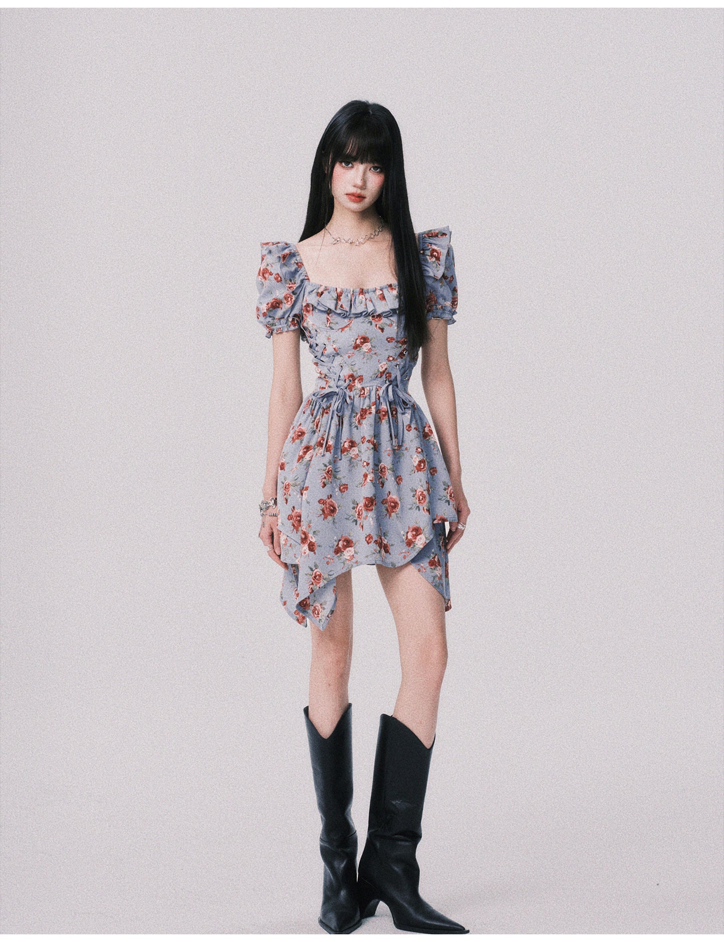 Floral Asymmetrical Dress With Lace-Up Detail