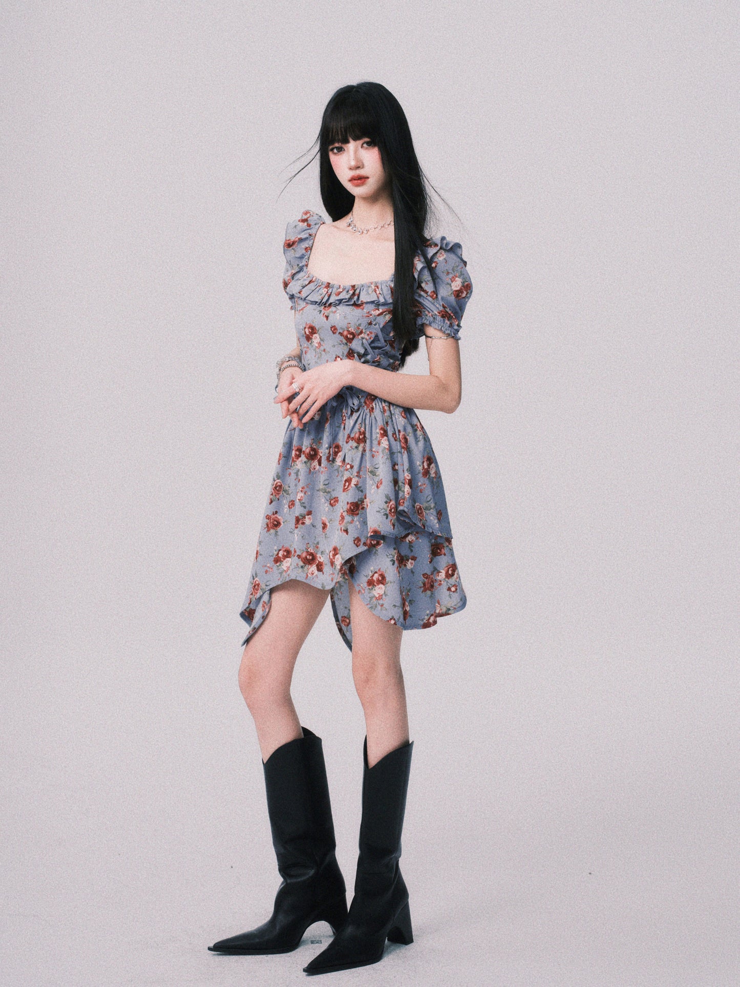 Floral Asymmetrical Dress With Lace-Up Detail