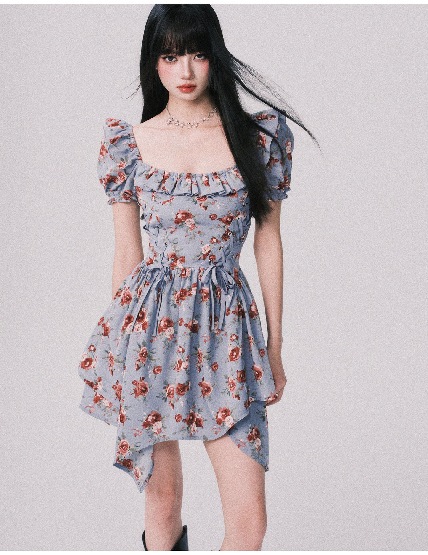 Floral Asymmetrical Dress With Lace-Up Detail