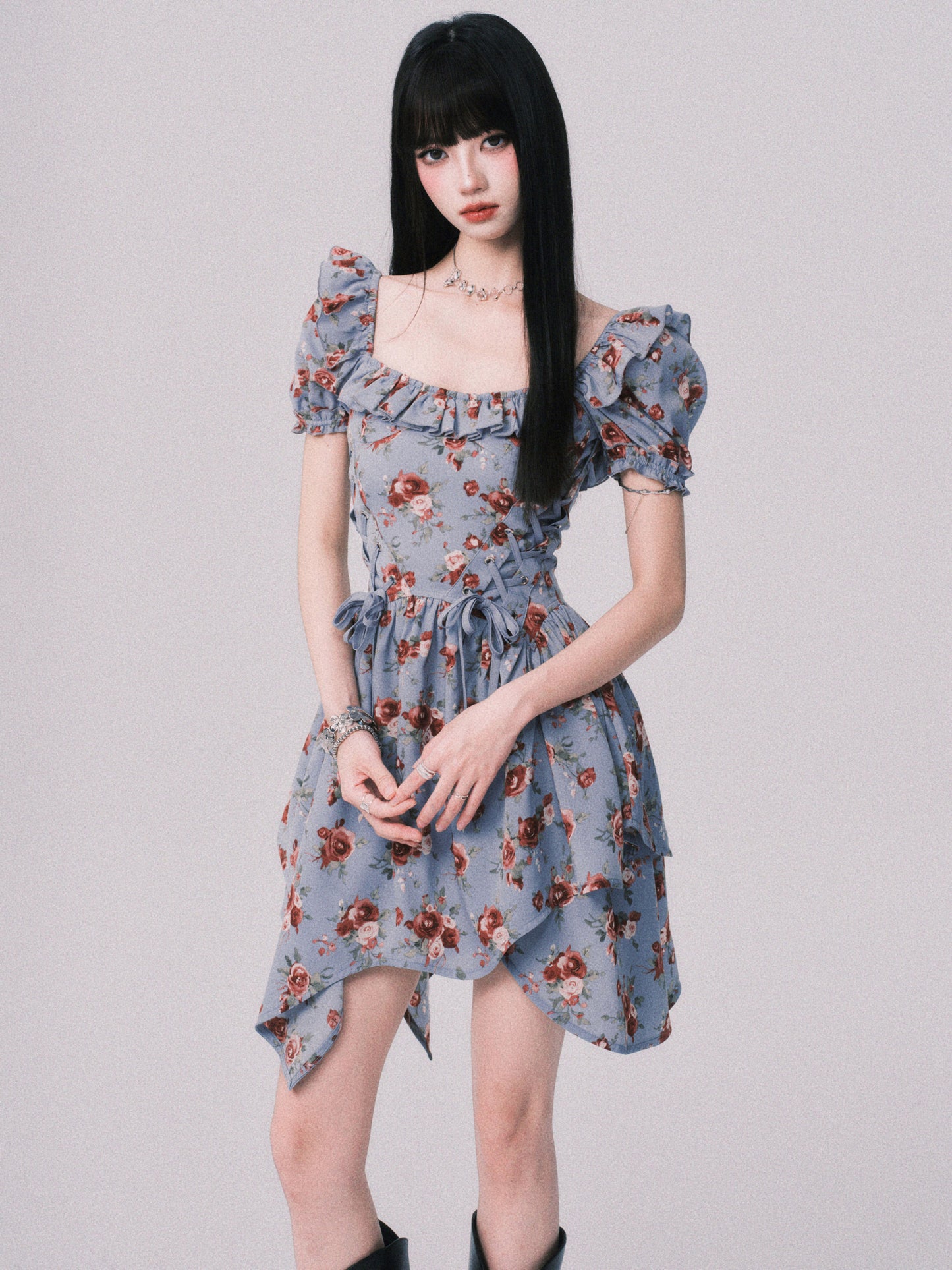 Floral Asymmetrical Dress With Lace-Up Detail
