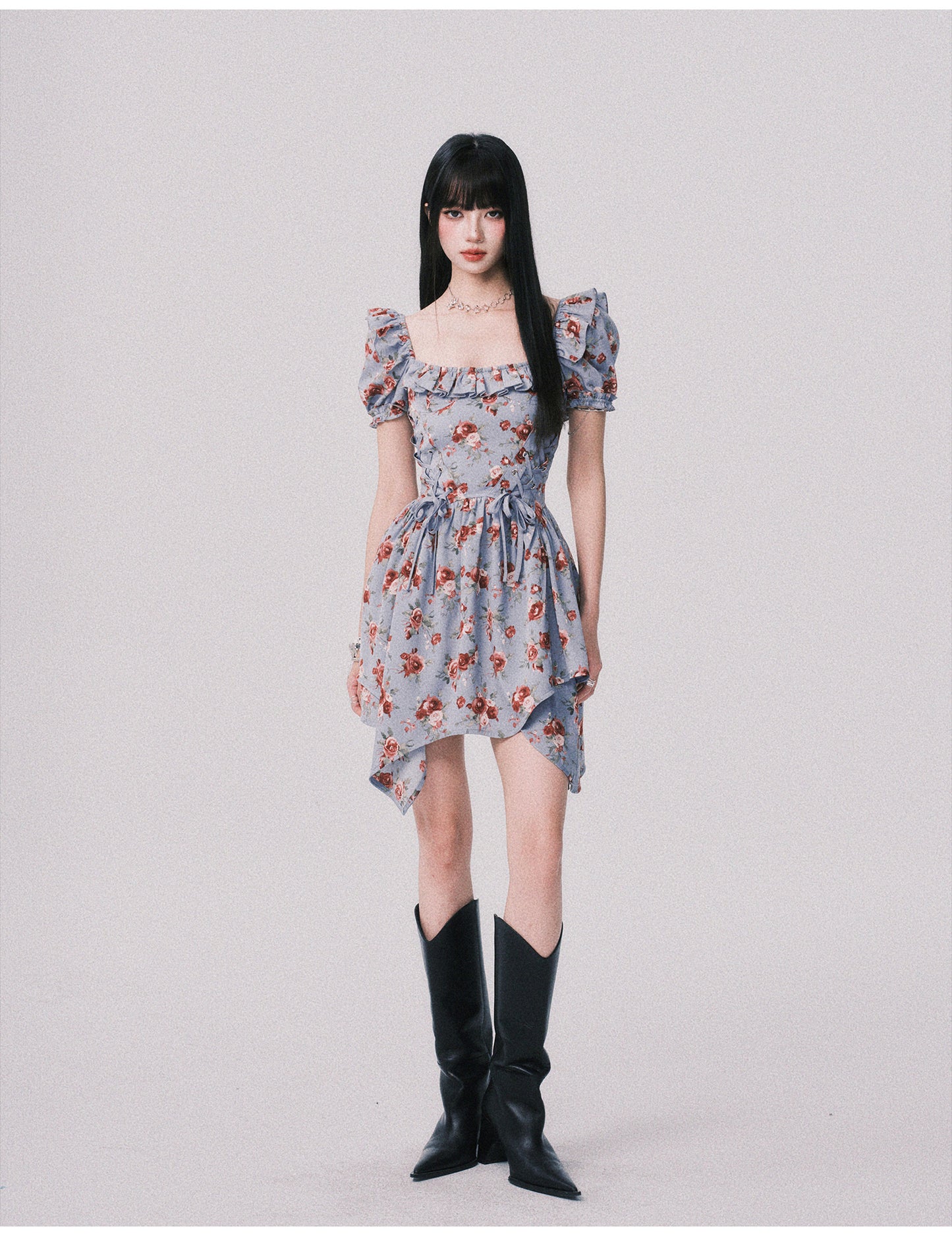 Floral Asymmetrical Dress With Lace-Up Detail
