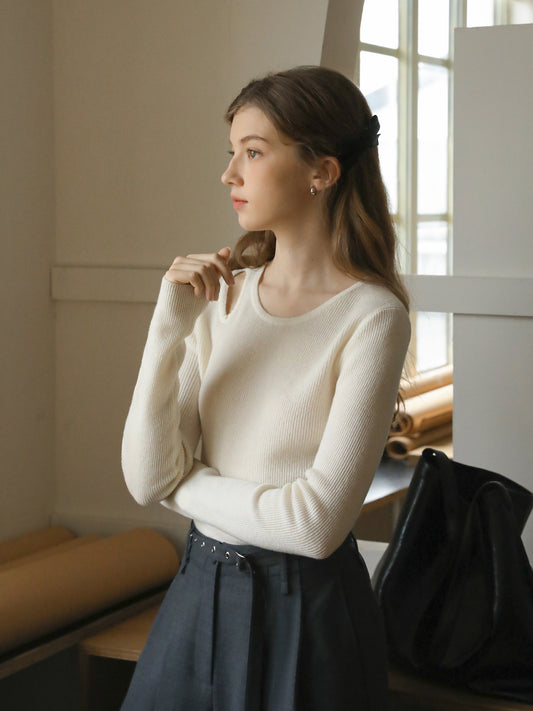 Cut-Out Ribbed Wool Knit Top