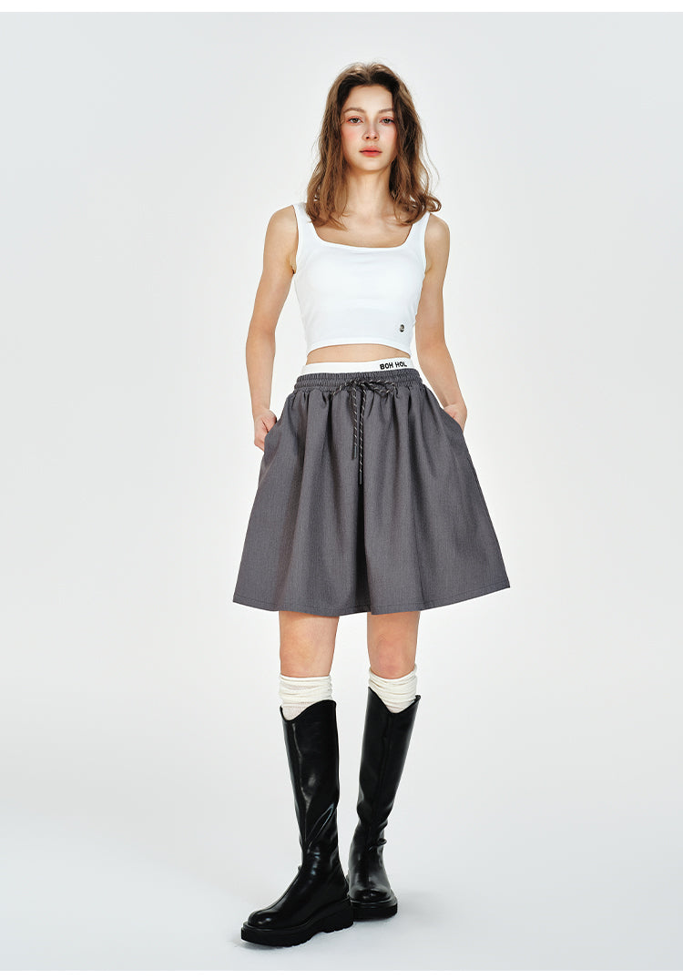 Double Waist Flare Skirt With Drawstring