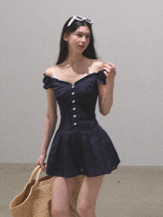 Two-Way Shoulder Puff Sleeve Cotton Mini Dress