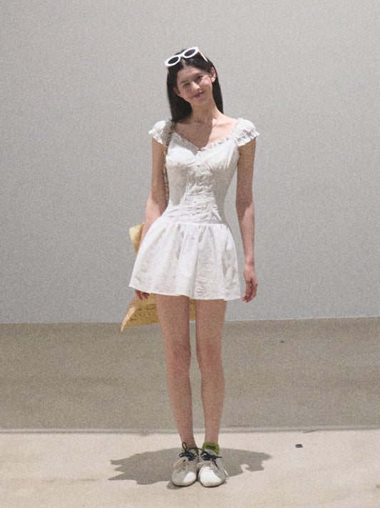 Two-Way Shoulder Puff Sleeve Cotton Mini Dress