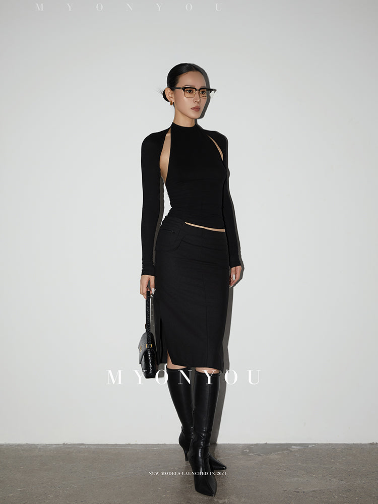 Fitted Slit Skirt With Waist Bag Accent