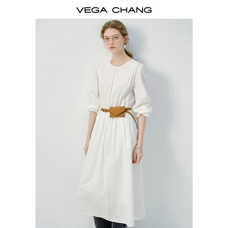 Cotton Dress With Ruched Puff Sleeves