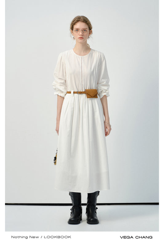 Cotton Dress With Ruched Puff Sleeves