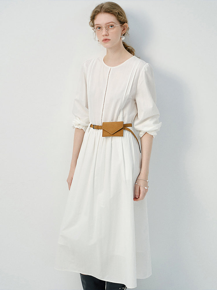 Cotton Dress With Ruched Puff Sleeves