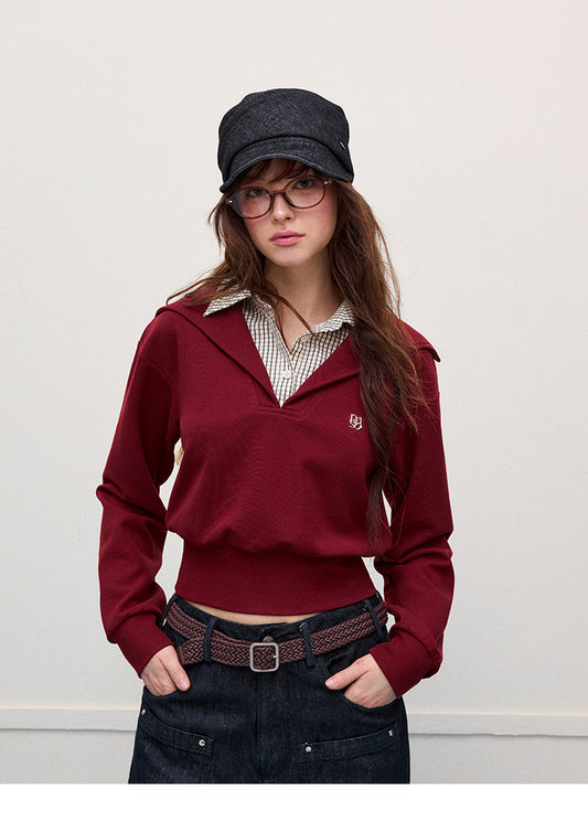 Open-Collar Pullover With Faux Layered Check