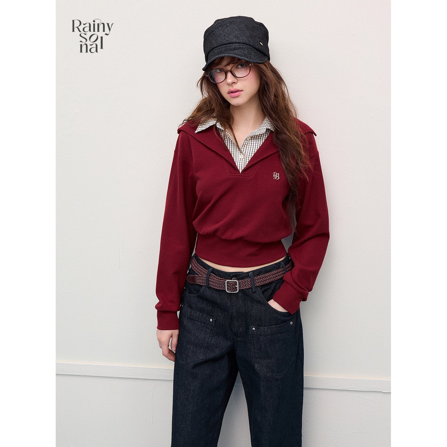 Open-Collar Pullover With Faux Layered Check