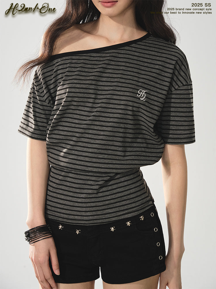 Striped One-Shoulder Tee With Fitted Waist