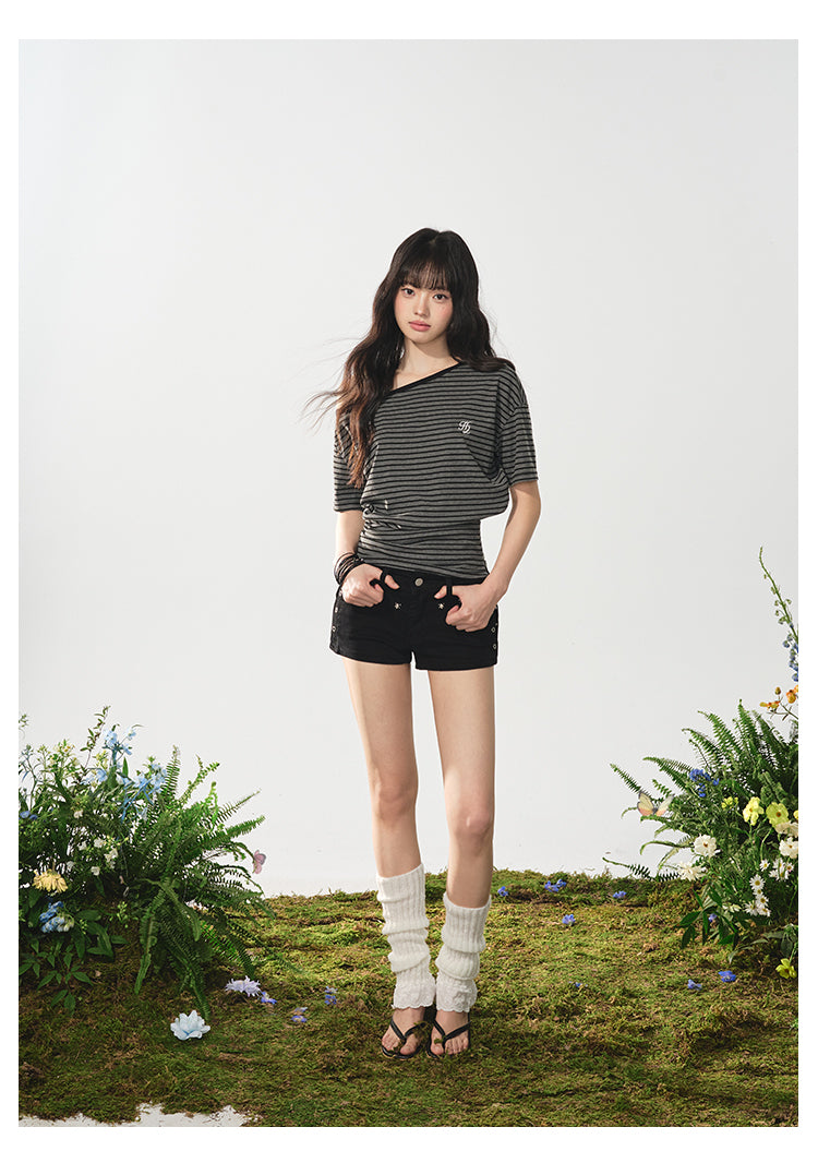 Striped One-Shoulder Tee With Fitted Waist