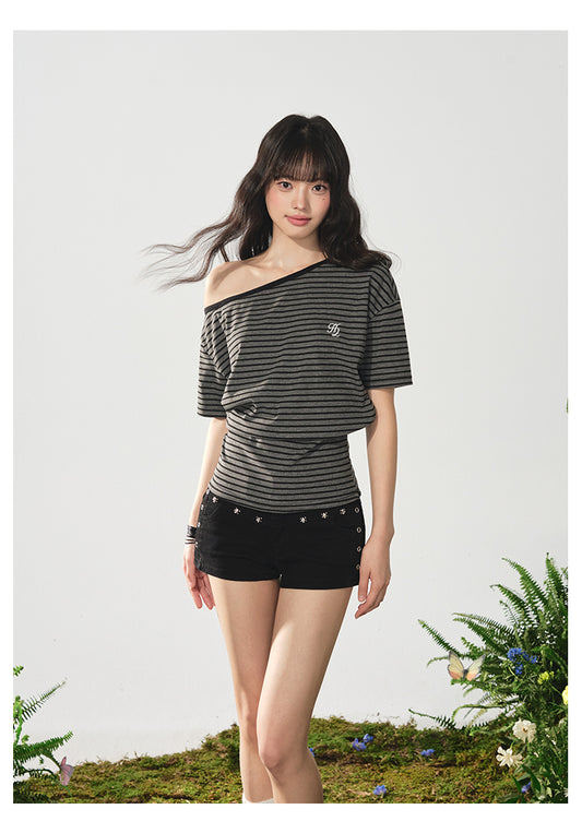 Striped One-Shoulder Tee With Fitted Waist