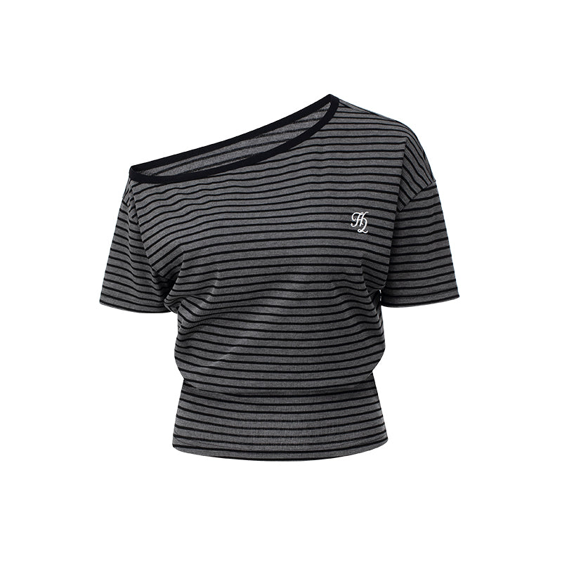 Striped One-Shoulder Tee With Fitted Waist