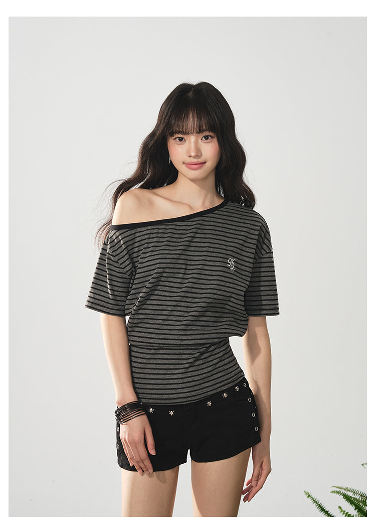 Striped One-Shoulder Tee With Fitted Waist