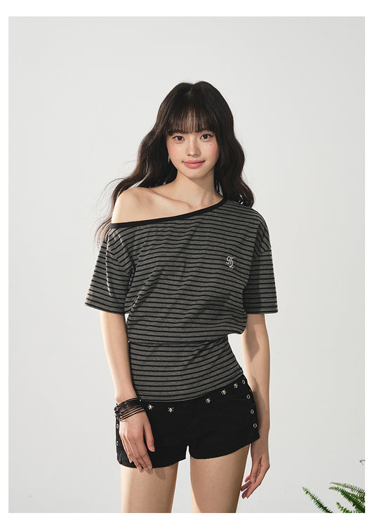 Striped One-Shoulder Tee With Fitted Waist