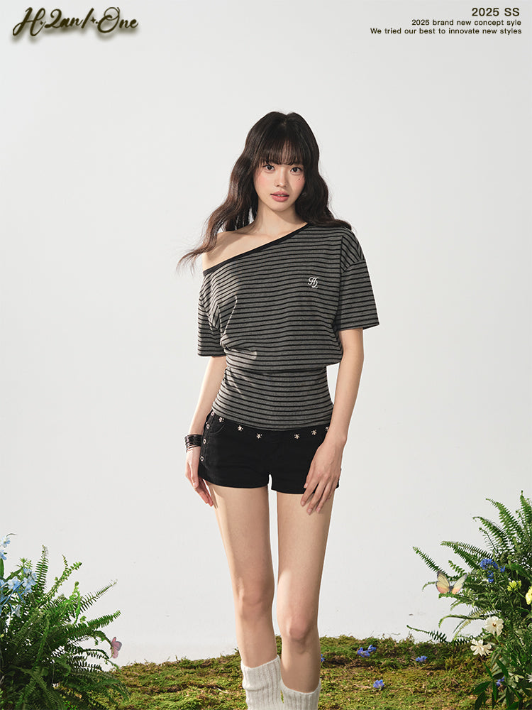 Striped One-Shoulder Tee With Fitted Waist