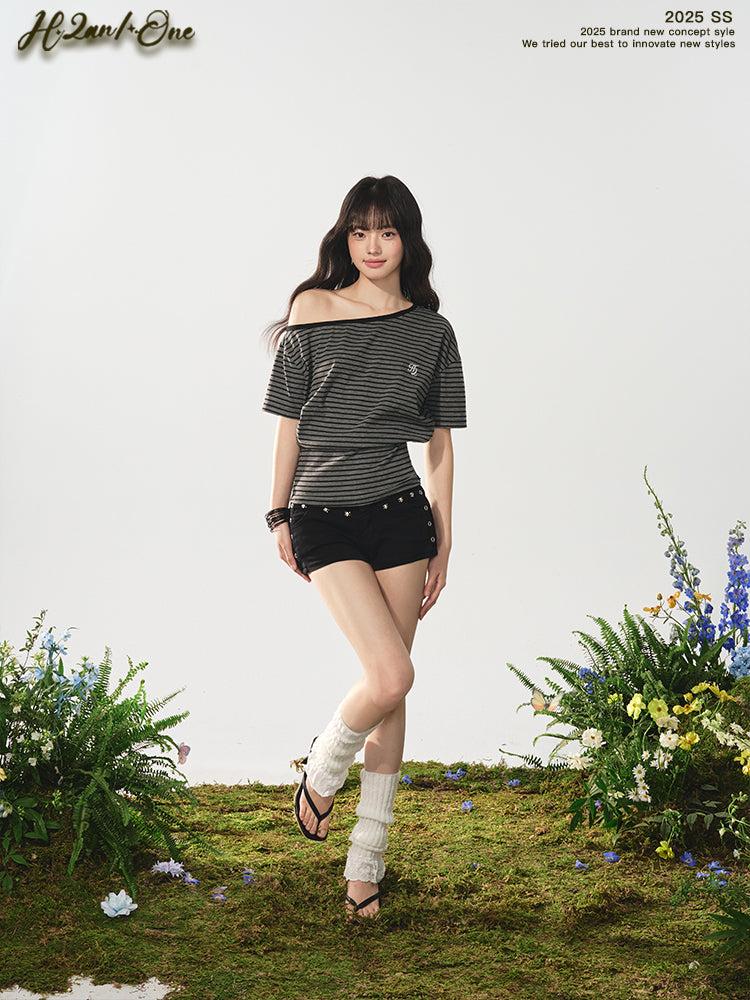 Striped One-Shoulder Tee With Fitted Waist