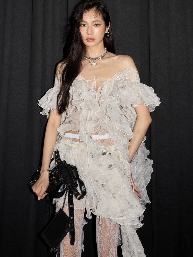 Ruffled Asymmetrical Airy Sheer Skirt