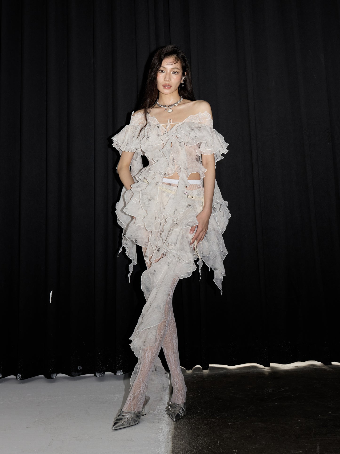 Ruffled Asymmetrical Airy Sheer Skirt