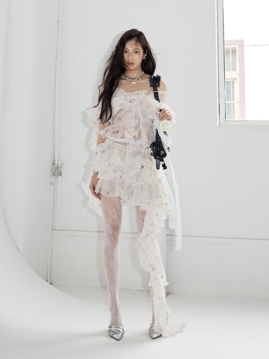 Ruffled Asymmetrical Airy Sheer Skirt
