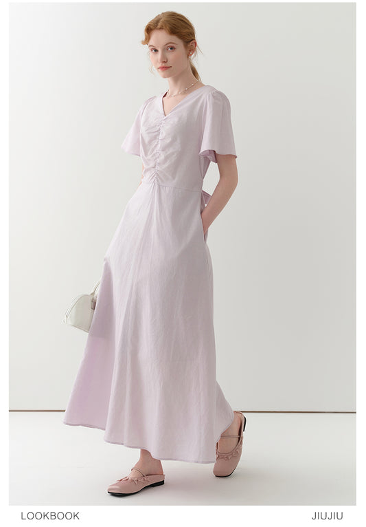 Flutter Sleeve V-Neck Ruched Dress In Linen-Cotton Blend