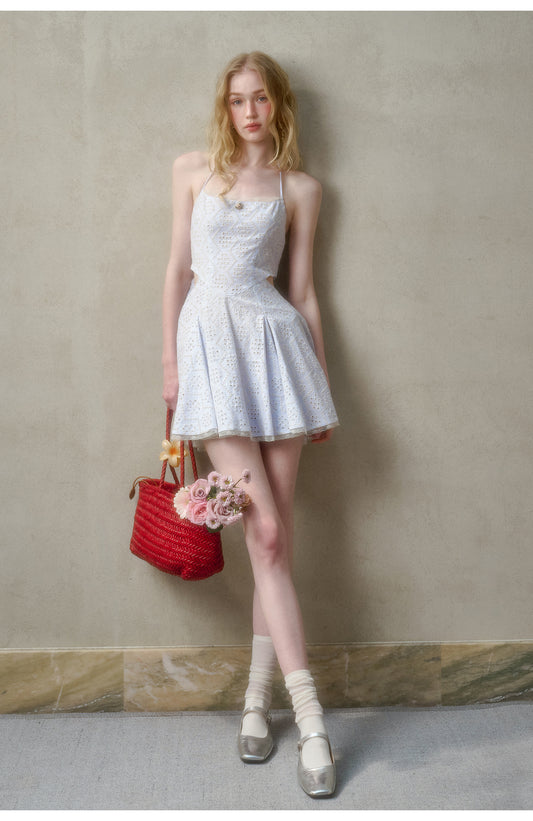 Eyelet Embroidered Backless Halter Dress