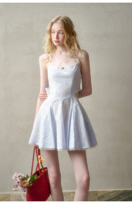 Eyelet Embroidered Backless Halter Dress